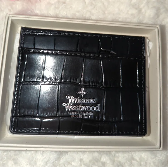 Vivienne Westwood Authentic Black Croc Embossed Card Holder Orb Silver New NWB
